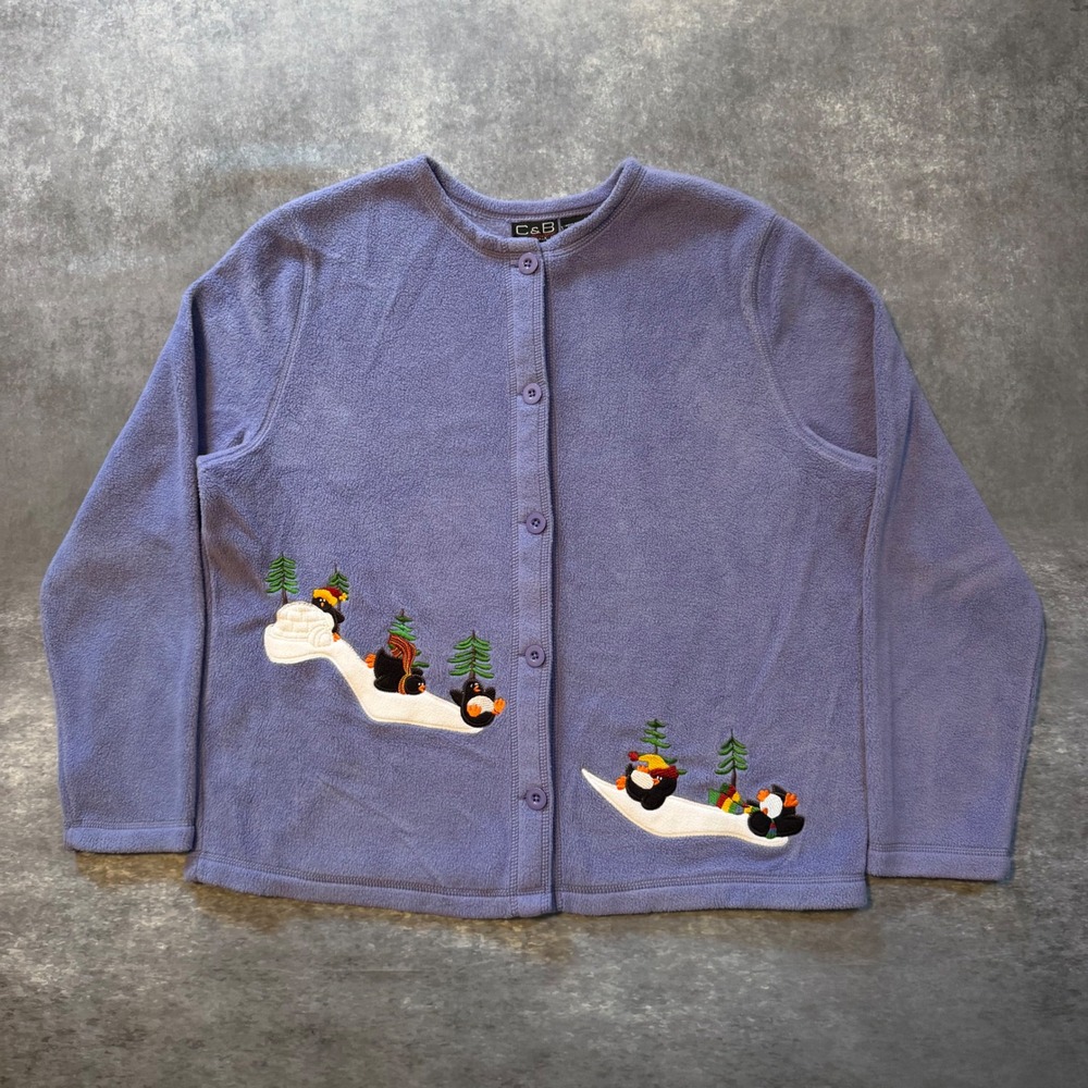Vintage Grandma Style Penguin Fleece Cardigan Sweater Button Up Petite Large PL